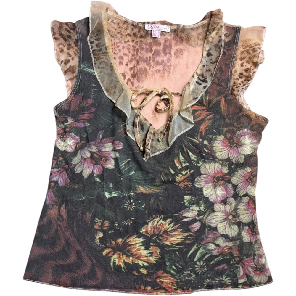 Axara Paris Designer Mesh Floral Cheetah Blouse Top